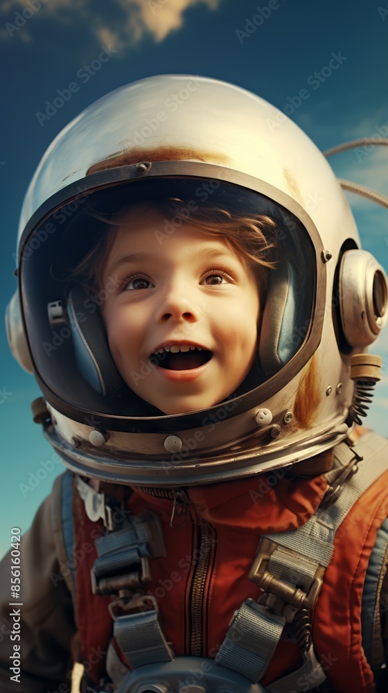 Kid astronaut, helmet on, captivated by rocket flight into the azure sky, expression of pure joy, close-up view Kid astronaut, helmet on, captivated by rocket flight into the azure sky, expression of pure joy, close-up view
