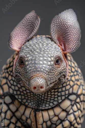  A close-up of a stuffed animal resembling an armadillo, featuring two earlike protrusions and a body shape mimicking an armadillo photo
