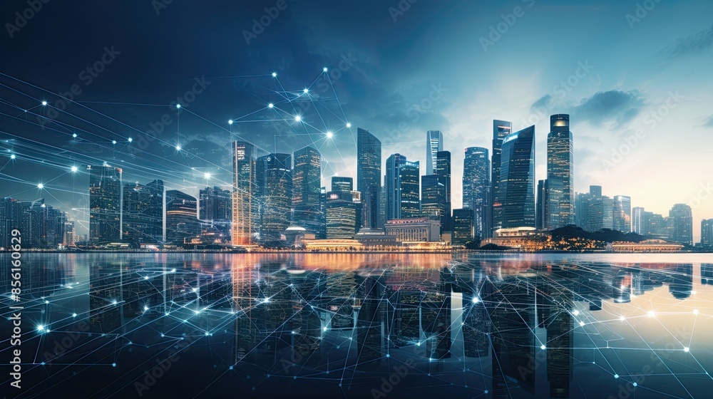 Obraz premium Big city skyscraper downtown panoramic view. Modern digital interface with line connection with cubes in the foreground.