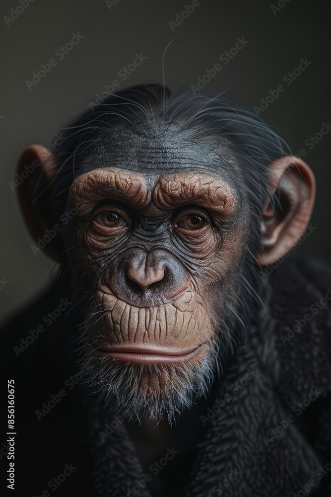 A tight shot of a monkey's face, adorned with a black collar around its neck and a black jacket covering its chest against a dark backdrop A tight shot of a monkey's face, adorned with a black collar around its neck and a black jacket covering its chest against a dark backdrop