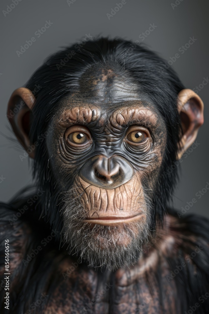 A tight shot of a monkey's face, featuring brown eyes and long, black hair, against a gray background Alternatively, a monkey's visage with brown eyes and A tight shot of a monkey's face, featuring brown eyes and long, black hair, against a gray background Alternatively, a monkey's visage with brown eyes and