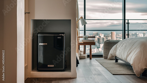 a cool mini fridge in a hotel room