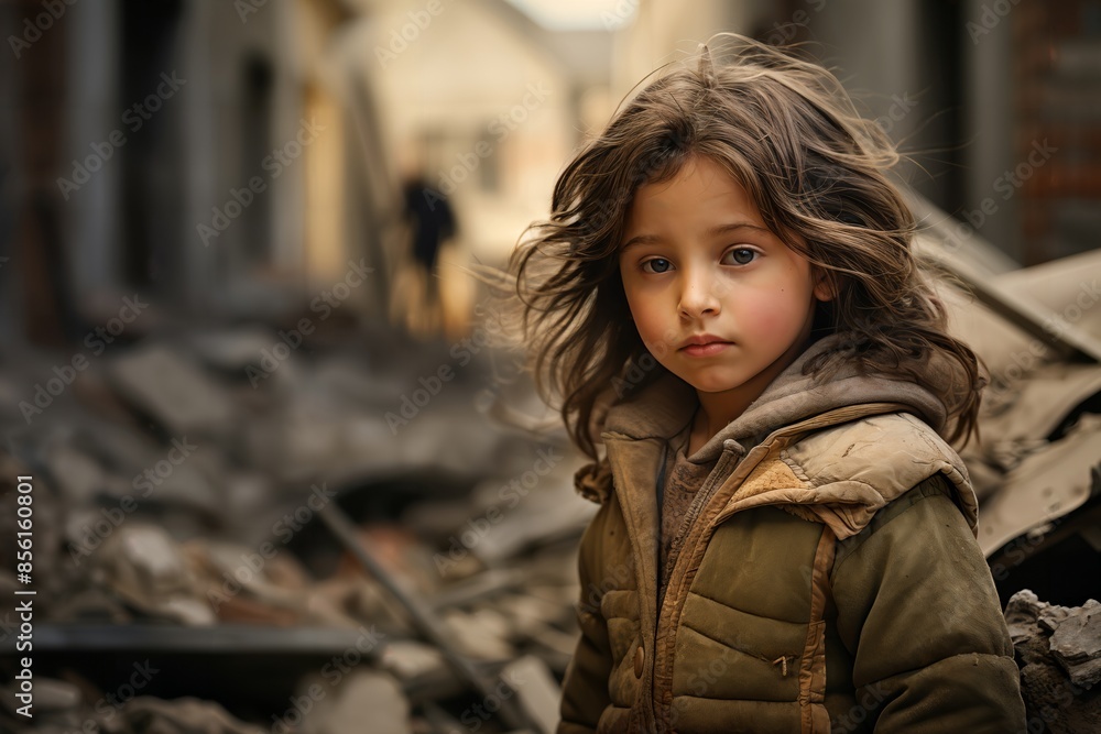 Portrait of a child amid earthquake aftermath, poignant expression, crumbled buildings, soft focus, side view Portrait of a child amid earthquake aftermath, poignant expression, crumbled buildings, soft focus, side view