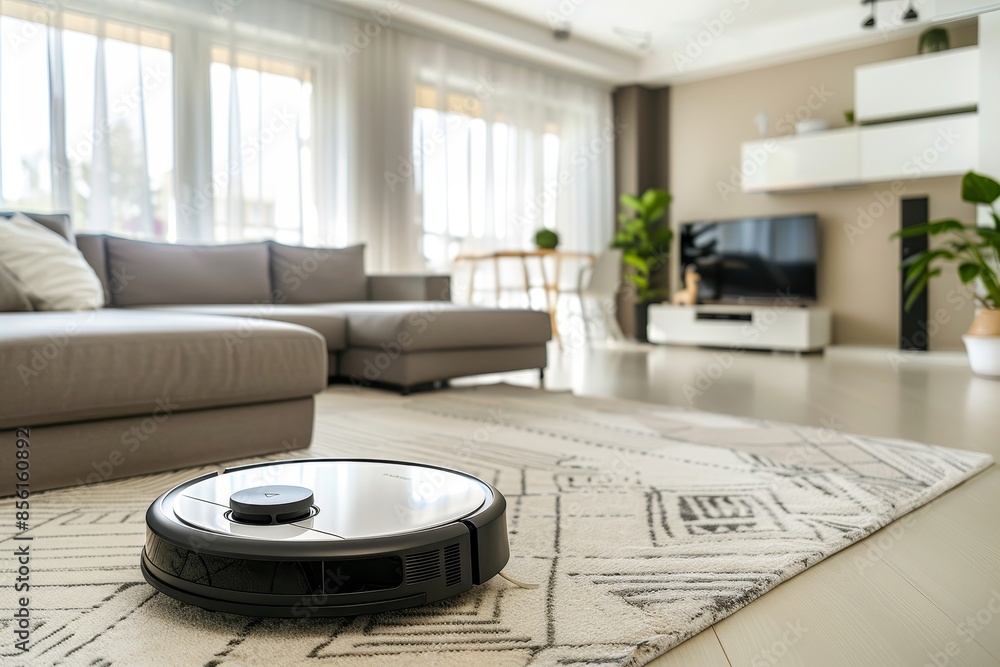 Smart robot vacuum in modern white living room for automated cleaning in contemporary home Smart robot vacuum in modern white living room for automated cleaning in contemporary home