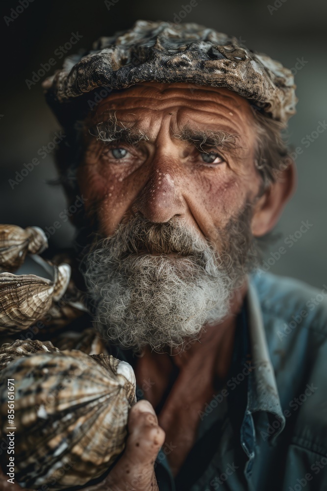 A man with a beard closely holds a full handful of seashells, gazing directly into the camera A man with a beard closely holds a full handful of seashells, gazing directly into the camera