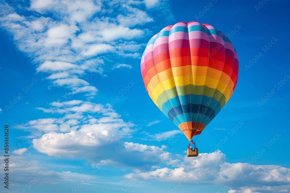 Vivid hot air balloon soaring in blue sky for exciting adventurous escape and leisurely getaway Vivid hot air balloon soaring in blue sky for exciting adventurous escape and leisurely getaway