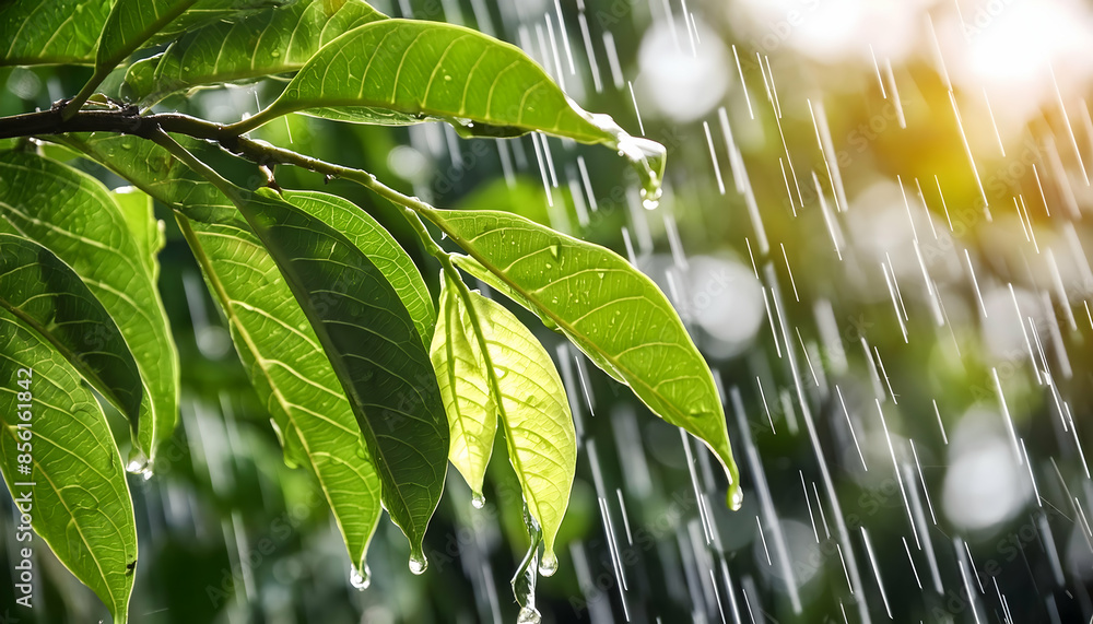 Fototapeta premium Closeup Heavy rain falling on the leaves.