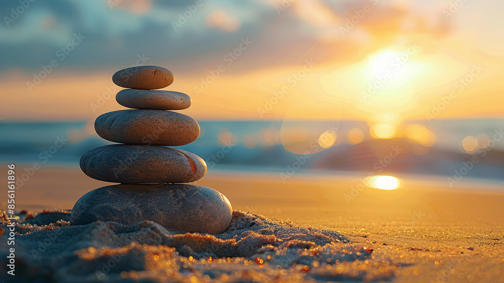 Stacked stones on a sandy beach at sunset.