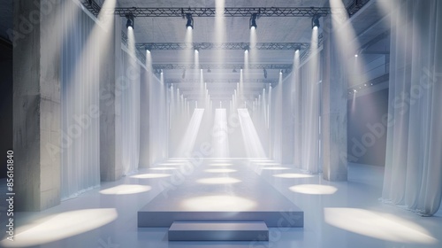 A white, empty runway stage illuminated by spotlights, with sheer white curtains lining the sides. photo