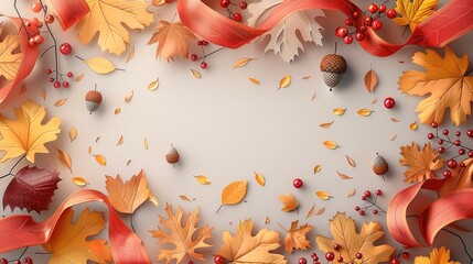 Vibrant autumn leaves surround a colorful banner adorned with golden acorns, scarlet berries, and swirling ribbons, announcing a festive seasonal shopping event. Generative AI.