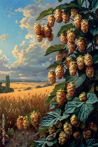 A vibrant set of illustrations featuring lush hop plants with ripe cones in picturesque landscapes. Perfect for themes related to brewing, craft beer, agriculture, and botanical art.