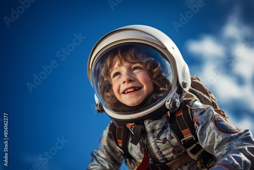 Young enthusiast in astronaut gear, gazing up at a soaring rocket, deep blue sky background, moment of awe, front perspective