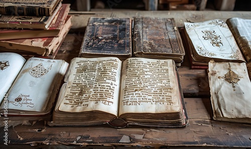 A collection of opened Bibles and Tanakhs, each with aged, illuminated script, displayed on rustic wooden surfaces photo