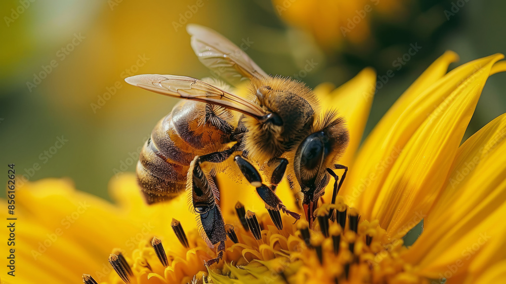 Bee collecting nectar from a yellow sunflower, close-up view Bee collecting nectar from a yellow sunflower, close-up view