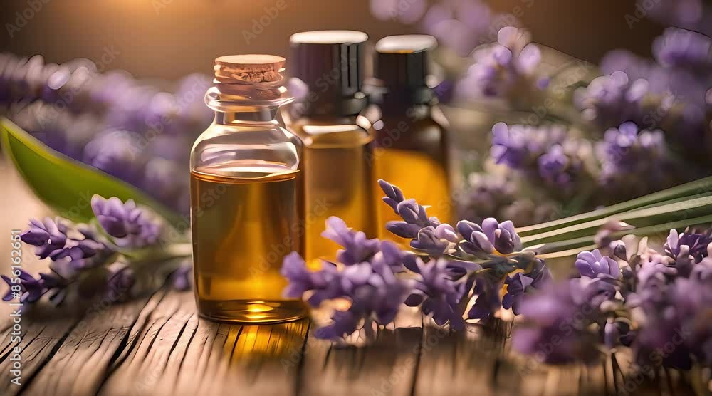 Essential Oils and Lavender Flowers on Wooden Table Essential Oils and Lavender Flowers on Wooden Table