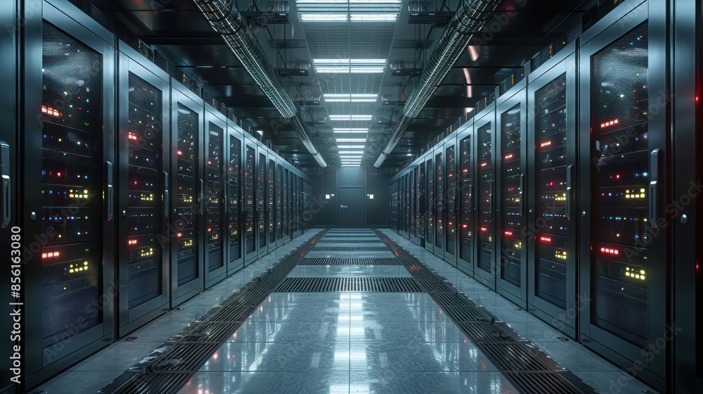 Fototapeta premium Lighted data server rack center with long floor