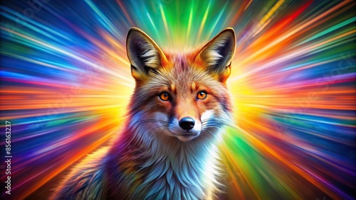 Psychedelic fox with ray burst of light against colorful abstract background, psychedelic, fox, ray burst, light, colorful © Sangpan