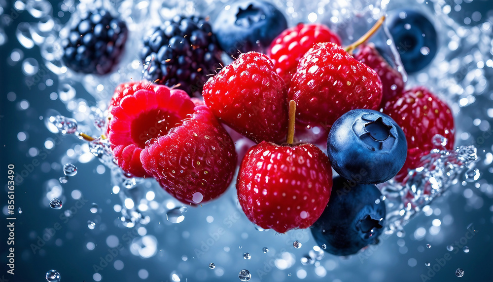 Berries in a splash of water. Strawberries, raspberries, blueberries with splashes of water Berries in a splash of water. Strawberries, raspberries, blueberries with splashes of water