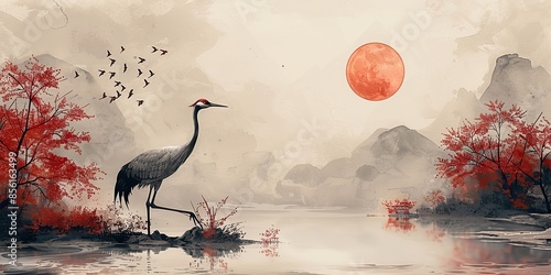 background with watercolor texture of a natural landscape birds of the crane with flowers in vintage style cherry blossom with sun element gold circle object in the foreground.stock photo photo