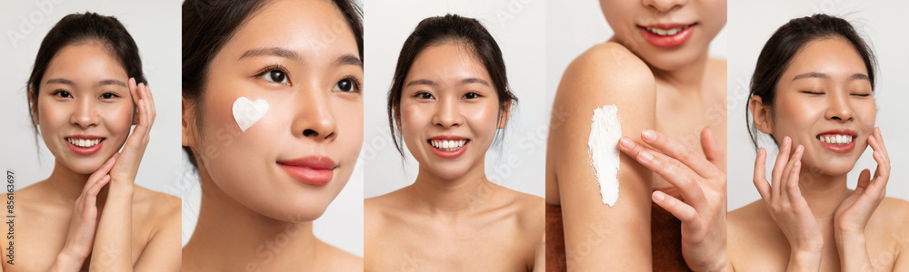 Beautiful half-naked young Asian woman enjoying skin care routine, set of photos on grey studio background, collage Beautiful half-naked young Asian woman enjoying skin care routine, set of photos on grey studio background, collage