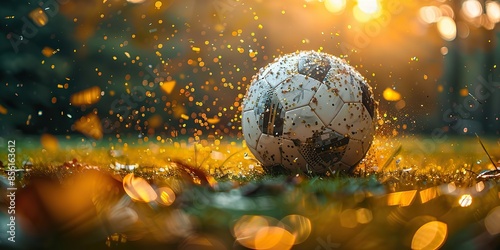 a soccer championship win in the evening stadium arena tinsel and confetti toning in yellow.image illustration photo