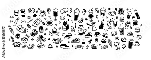 Doodle food, drinks, desserts, beverage, coffee big set. Different tipe of coffee. Breakfast, lunch cafe, coffeeshop, restaurant menu. Hand drawn sketch illustration