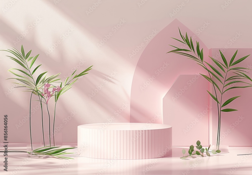 Minimalist Product Display with Pink Background and Greenery Minimalist Product Display with Pink Background and Greenery