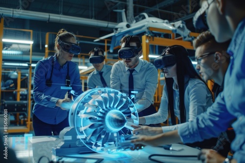 Group inspecting virtual jet engine photo