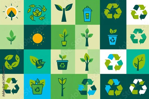 A collection of eco-friendly icons representing renewable energy, recycling, and sustainable living. Playful and informative style with green and blue color palette.