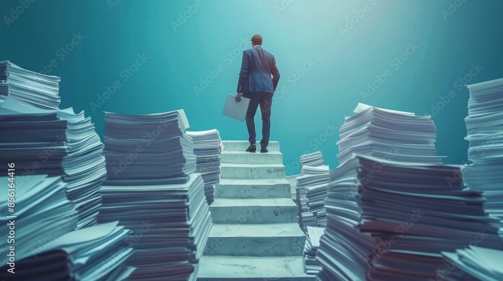 Businessman ascends a towering staircase of paperwork, representing determination and effort on the path to achievement Businessman ascends a towering staircase of paperwork, representing determination and effort on the path to achievement