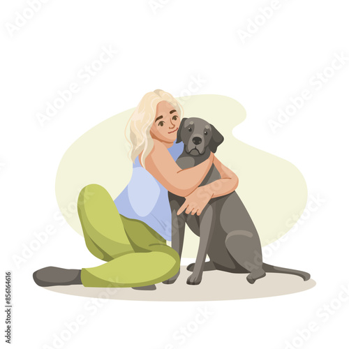 A blonde woman hugging a grey dog. Vector illustration on a white background. Concept of friendship and love for pets. Vector illustration