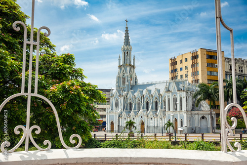 View from the historic Ortiz Bridge of the beautiful La Ermita church built on a gothic style on the city of Cali in Colombia.