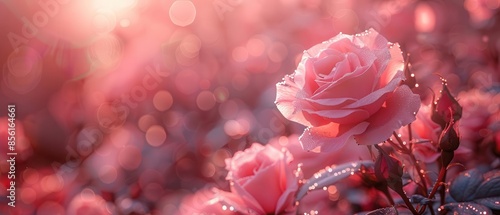 Pink petals of a rose, blooming in summer garden, creative floral banner, soft light, spacious copyspace, vibrant nature