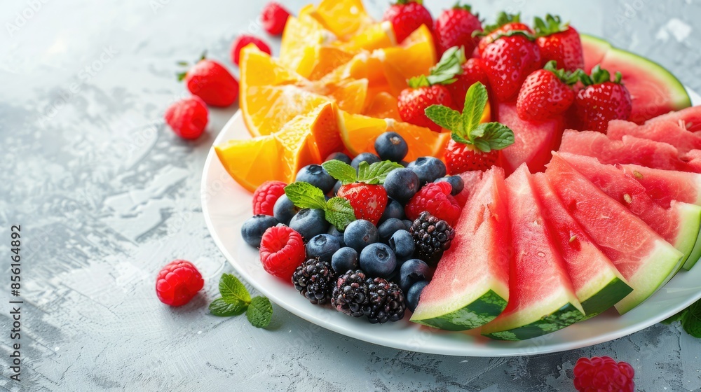 Fresh summer fruits including watermelon, berries, and oranges on a white plate, beautifully arranged Fresh summer fruits including watermelon, berries, and oranges on a white plate, beautifully arranged