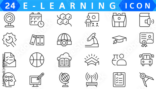 E-learning, online education icons set. 60 Electronic learning icons. Distance learning collection outline icons collection.