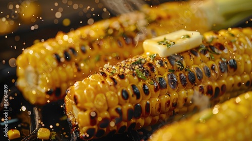 Butter melting on charred grilled corn on the cob with a sprinkle of herbs photo