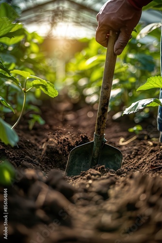 Farmer in greenhouse, turning soil with shovel, planting preparation, bright light, green and fertile setting, focused work