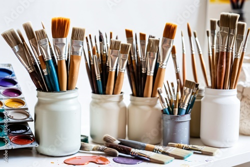 A collection of paint brushes, tubes of paint, and canvases arranged in a clean and organized way. Soft color palette with a focus on creativity.