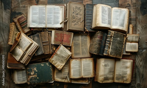 A collection of opened Bibles and Tanakhs, each with aged, illuminated script, displayed on rustic wooden surfaces