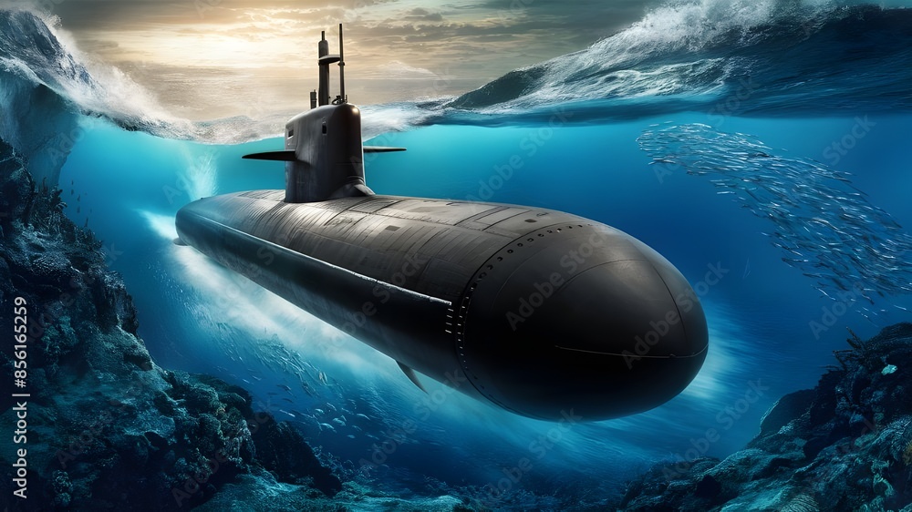 Underwater Naval Submarine Near Ocean Floor - Deep Dive