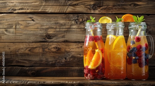 Glass dispensers with refreshing iced tea and fruit punch on a wooden table photo