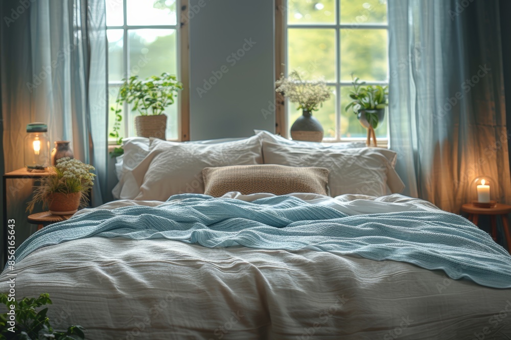 Φωτογραφία A large landscape of a minimal bedroom, which is decorated with several styles of furniture, including a white pillow and blanket, provides a comfortable feeling in the morning
