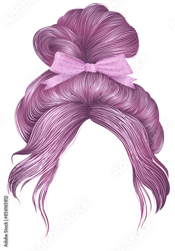 bun  hairs with bow pink colors . women fashion beauty style . 
