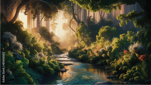 A captivating painting of a serene, enchanting forest, illuminated by warm sunlight ,The gently flowing stream meanders through the lush green foliage