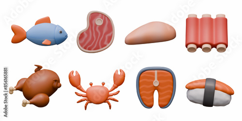 Set of icons for food business. Raw ingredients and ready herbs in 3D style