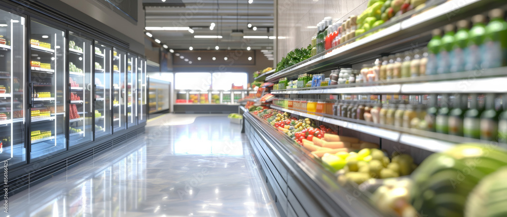 Modern grocery store aisle showcasing a range of fresh vegetables, beverages, and food items under soft, natural lighting. Modern grocery store aisle showcasing a range of fresh vegetables, beverages, and food items under soft, natural lighting.