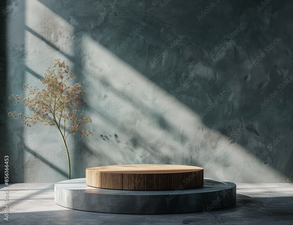 Minimal abstract background for a product presentation, a round wooden podium with a gray concrete wall and dry flowers casting a shadow behind it, empty space in the center of the picture Minimal abstract background for a product presentation, a round wooden podium with a gray concrete wall and dry flowers casting a shadow behind it, empty space in the center of the picture