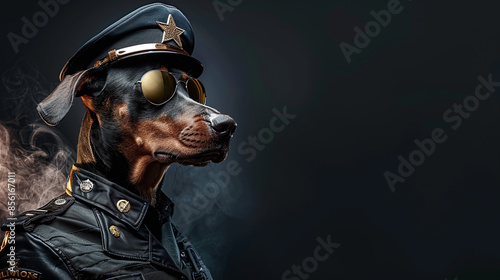 doberman dog as a police cop officer on black background © Luluraschi