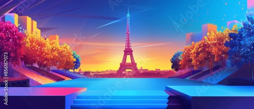 Sparkling Victory Olympic Podium in Paris with Eiffel Tower, Vibrant Colors for Product Presentation photo