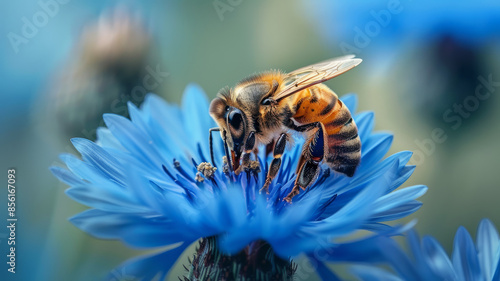 A bee on a blue flower, captured in a close-up shot.